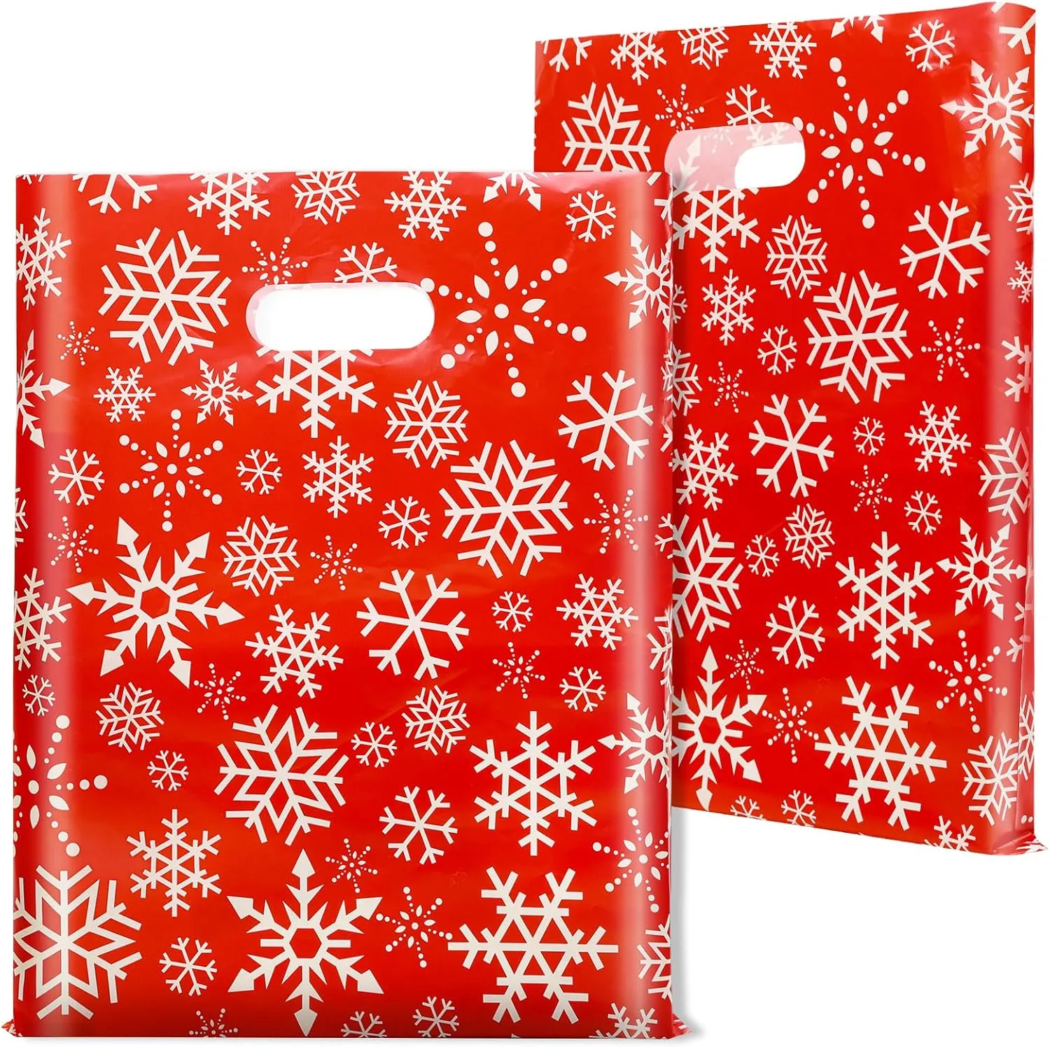 100 Pack Christmas Bags Bulk, 12 x 15 Inches Snowflakes Merchandise Bags Plastic Gift Bags with Handles Reusable Retail Shopping Goodie Bags for Christmas Party Favor Supplies and Business