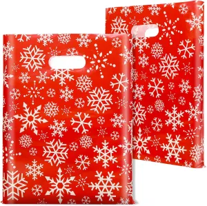 100 Pack Christmas Bags Bulk, 12 x 15 Inches Snowflakes Merchandise Bags Plastic Gift Bags with Handles Reusable Retail Shopping Goodie Bags for Christmas Party Favor Supplies and Business