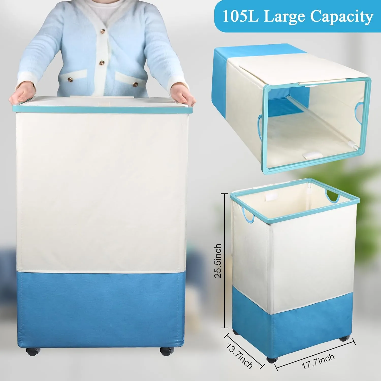 [105L] Large Capacity Laundry Basket, Laundry Hamper with Wheels and Lid - Tall Rolling Laundry Hamper, Foldable Clothes Hamper with Removable Bags, Durable Laundry Bin on Wheels for Home, Dorm. Blue