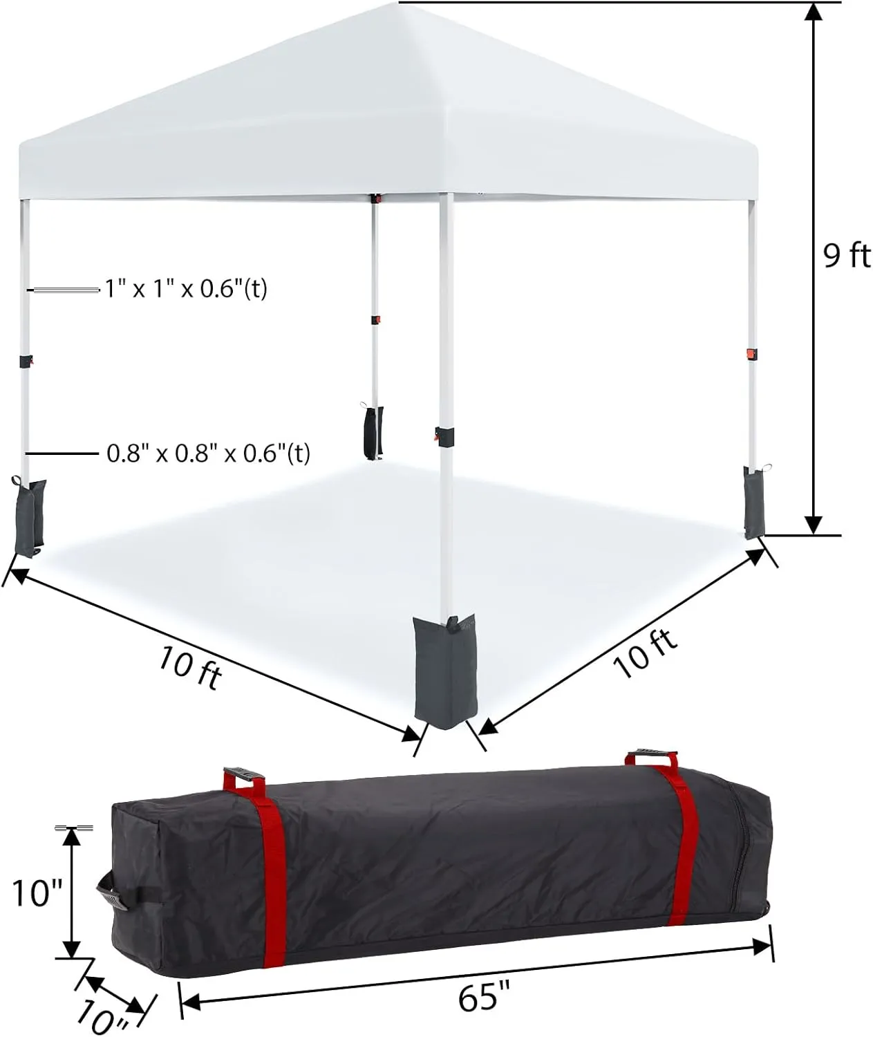 10x10 FT Canopy Tent Outdoor，Pop-Up Canopy，One-Person Set Up,W/3 Height Adjustable Legs,4 Sand Bags,Wheeled Carry Bag,White