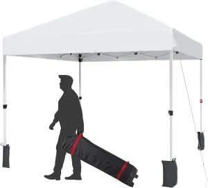 10x10 FT Canopy Tent Outdoor，Pop-Up Canopy，One-Person Set Up,W/3 Height Adjustable Legs,4 Sand Bags,Wheeled Carry Bag,White
