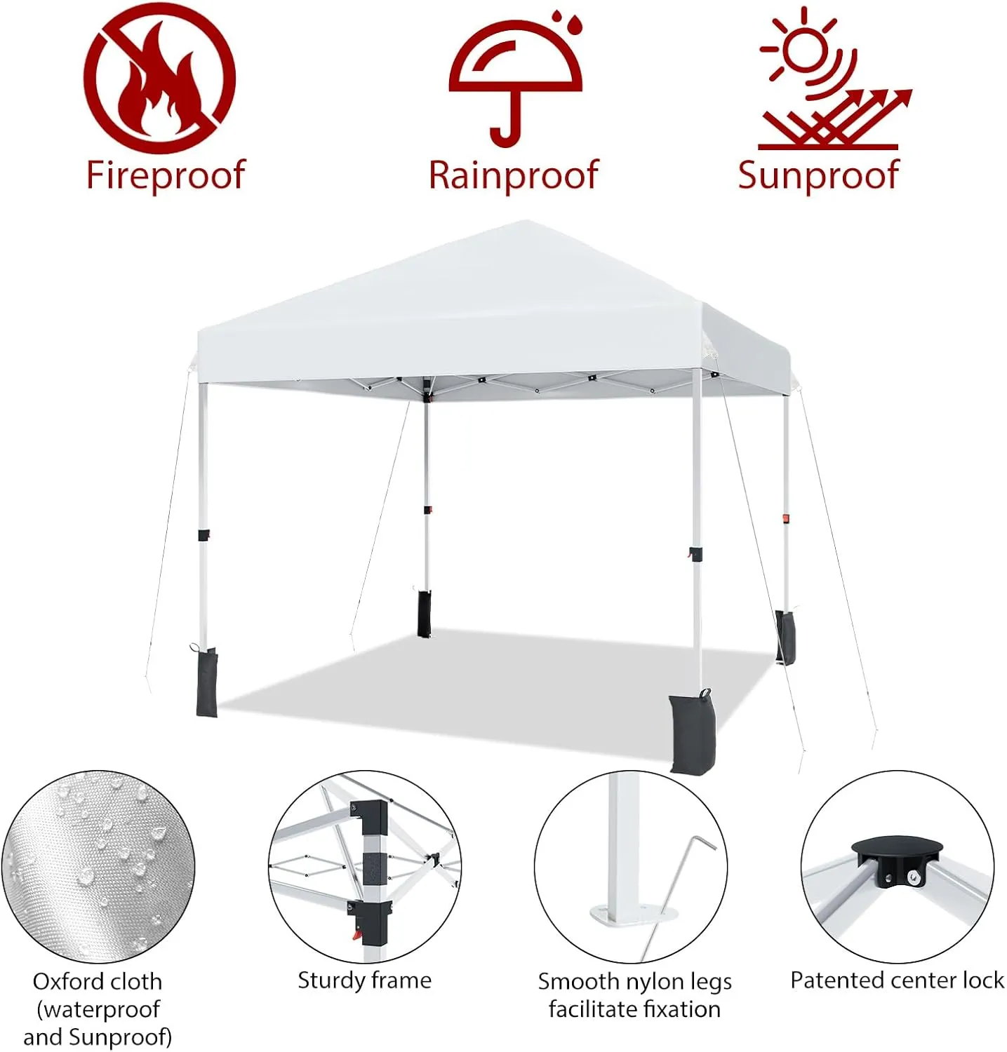 10x10 FT Canopy Tent Outdoor，Pop-Up Canopy，One-Person Set Up,W/3 Height Adjustable Legs,4 Sand Bags,Wheeled Carry Bag,White