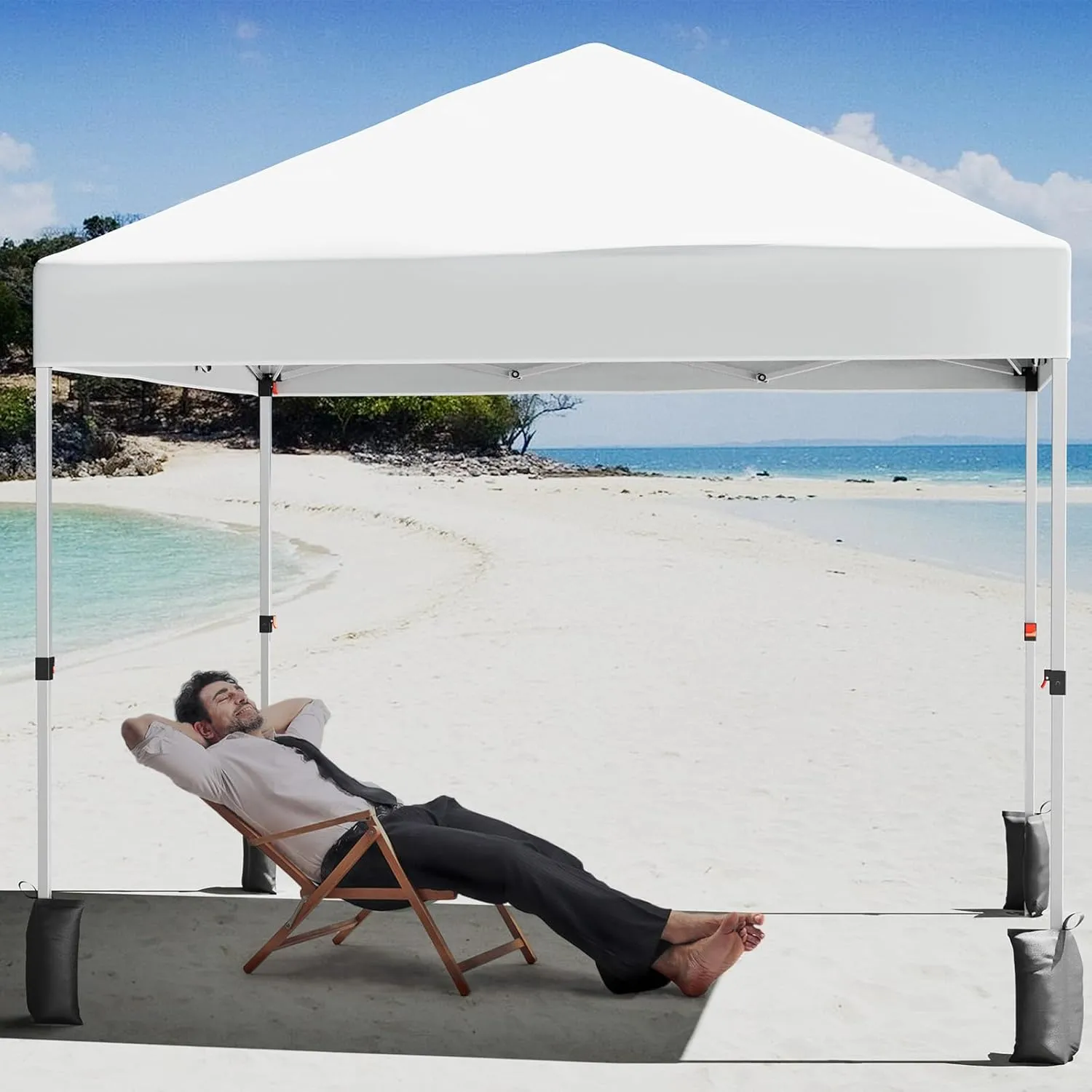 10x10 FT Canopy Tent Outdoor，Pop-Up Canopy，One-Person Set Up,W/3 Height Adjustable Legs,4 Sand Bags,Wheeled Carry Bag,White