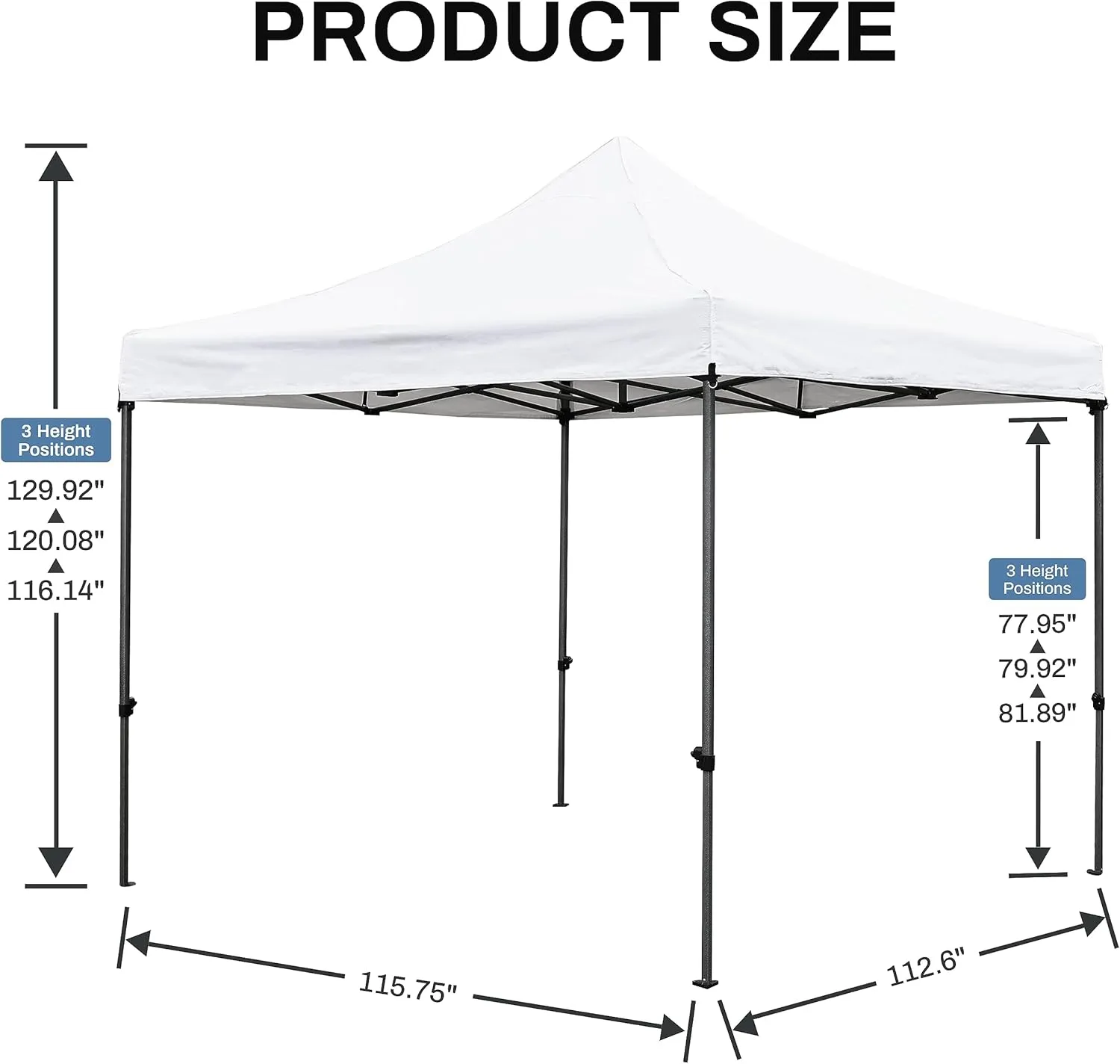 10'x10' Pop Up Canopy Tent Adjustable Leg Heights with Wheeled Carrying Bag, Stakes, Rope and 4X Weighted Sand Bags, White