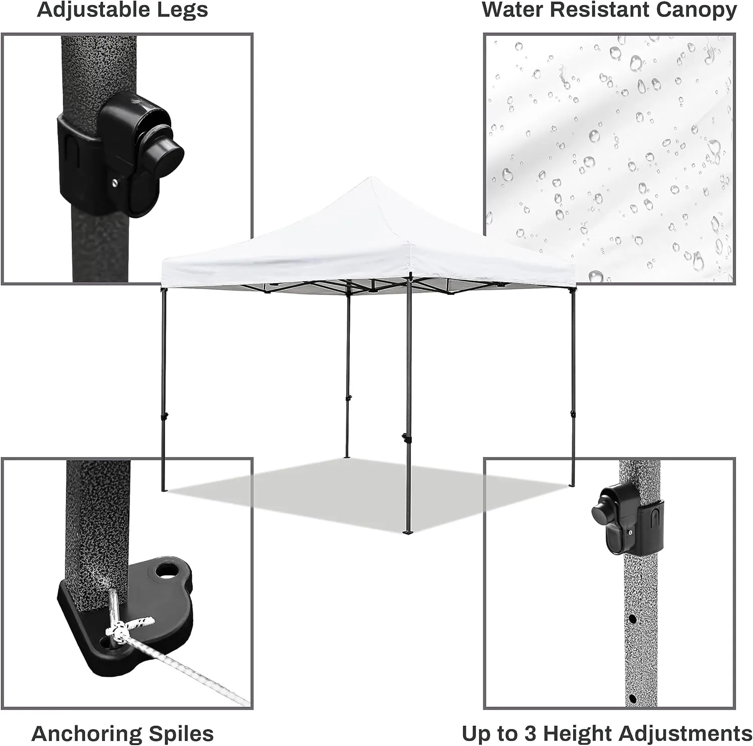 10'x10' Pop Up Canopy Tent Adjustable Leg Heights with Wheeled Carrying Bag, Stakes, Rope and 4X Weighted Sand Bags, White
