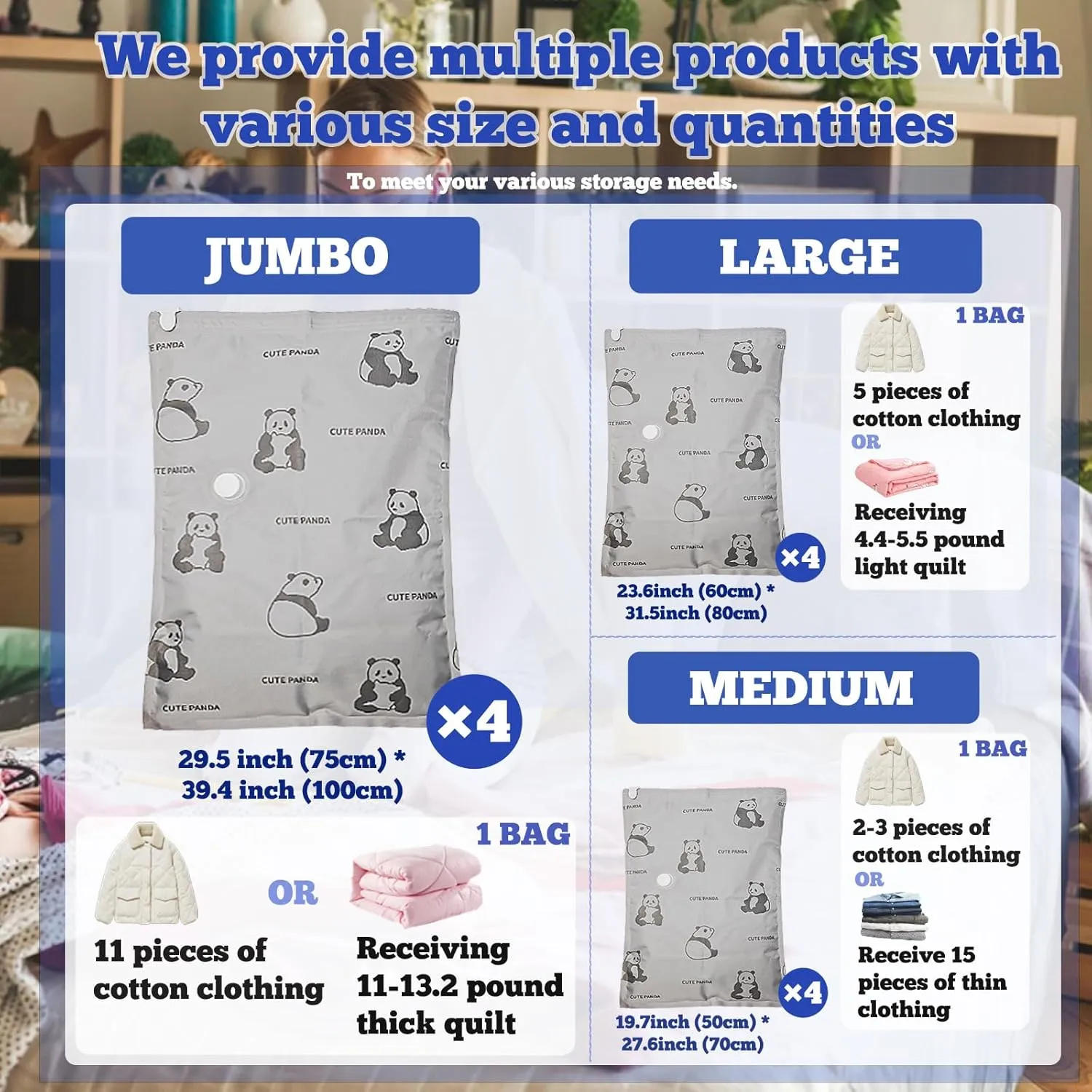 12 Pack Oxford Tear-Proof Vacuum Storage Bags with Pump, Reusable Space Saver Bags for Clothes, 4 Jumbo   4 Large  4 Medium Vacuum Bags for Travel, Luggage, Blankets, Quilt
