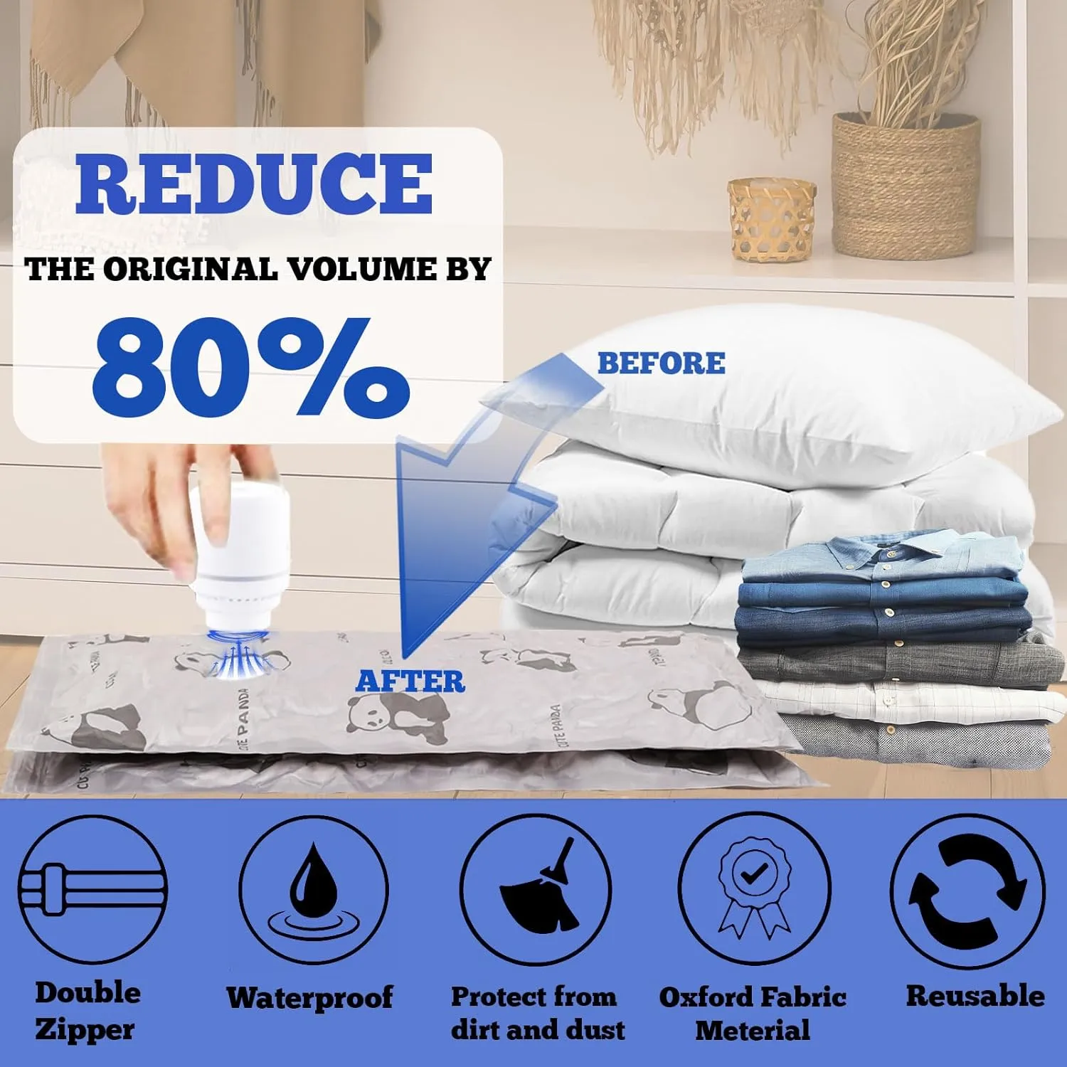 12 Pack Oxford Tear-Proof Vacuum Storage Bags with Pump, Reusable Space Saver Bags for Clothes, 4 Jumbo   4 Large  4 Medium Vacuum Bags for Travel, Luggage, Blankets, Quilt