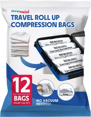 12 Pack Travel Compression Bags - Reusable Travel Space Saver Vacuum Storage Bags for Luggage, Camping, and Storage (No Vacuum or Pump Needed)
