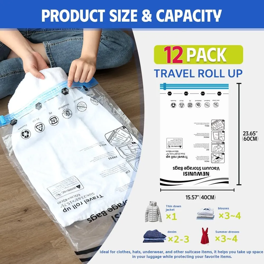 12 Pack Travel Compression Bags - Reusable Travel Space Saver Vacuum Storage Bags for Luggage, Camping, and Storage (No Vacuum or Pump Needed)