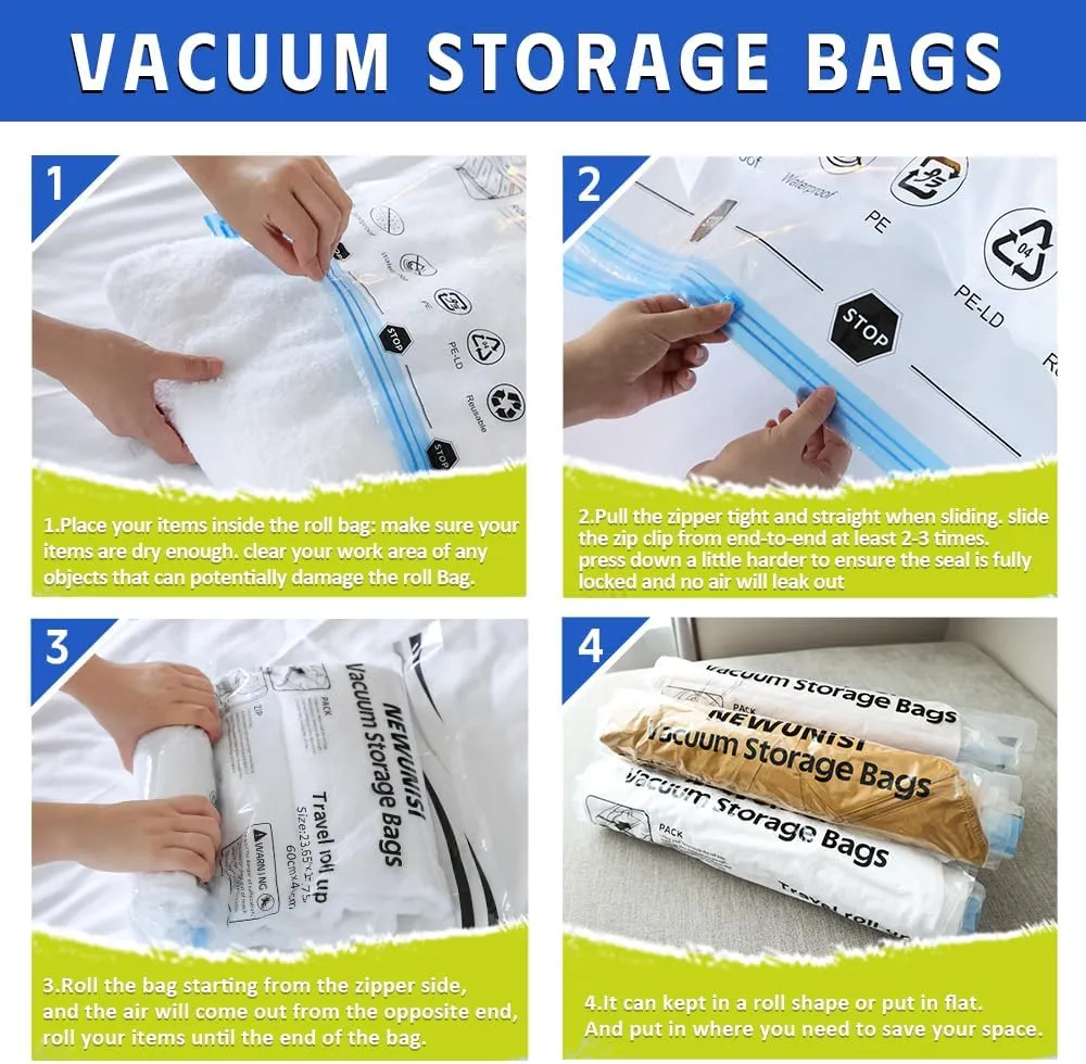 12 Pack Travel Compression Bags - Reusable Travel Space Saver Vacuum Storage Bags for Luggage, Camping, and Storage (No Vacuum or Pump Needed)