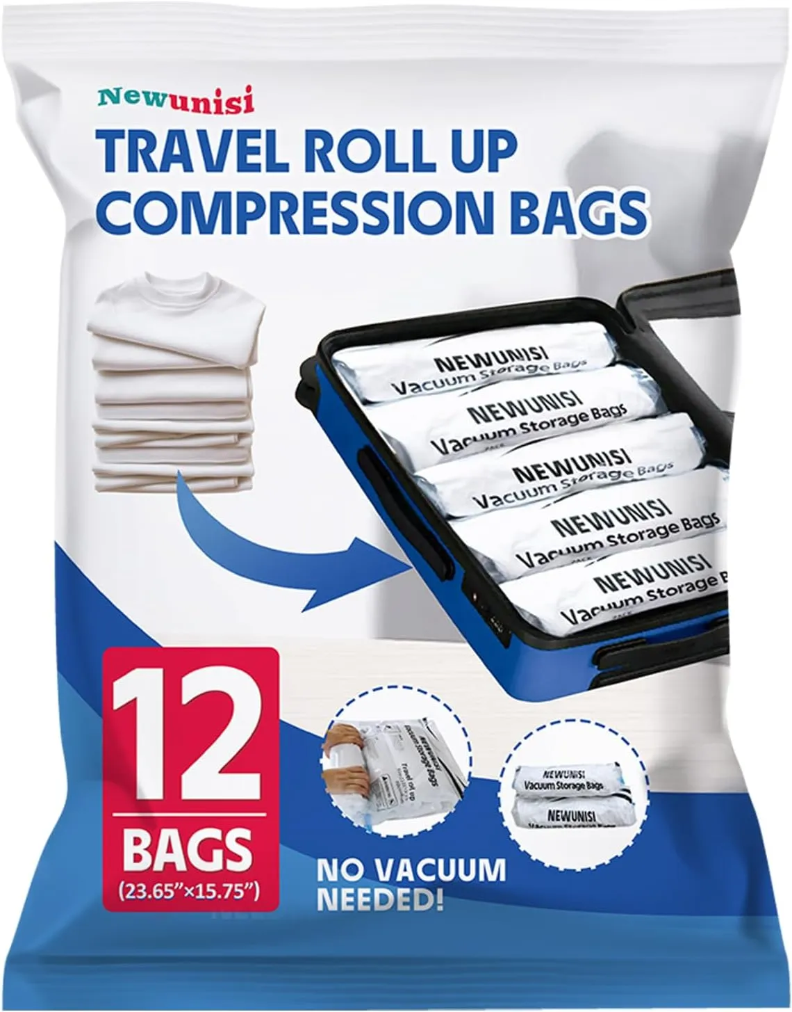 12 Pack Travel Compression Bags - Reusable Travel Space Saver Vacuum Storage Bags for Luggage, Camping, and Storage (No Vacuum or Pump Needed)