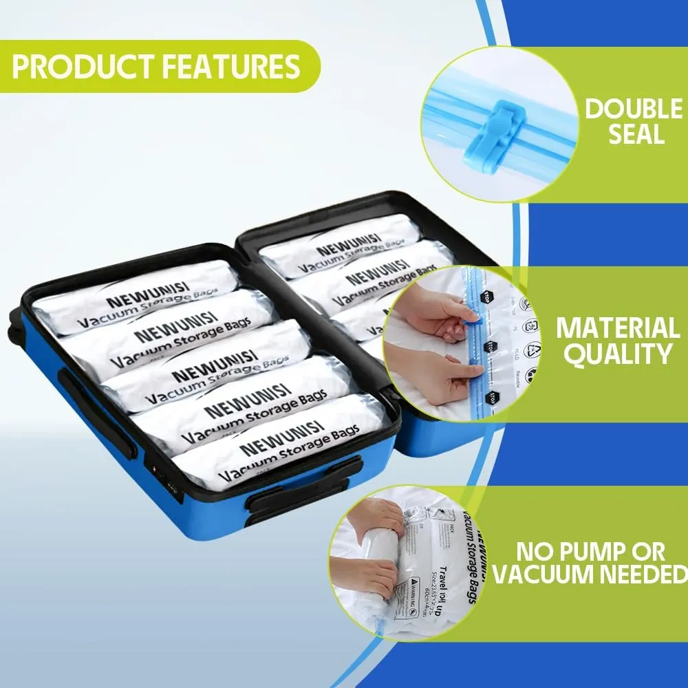 12 Pack Travel Compression Bags - Reusable Travel Space Saver Vacuum Storage Bags for Luggage, Camping, and Storage (No Vacuum or Pump Needed)