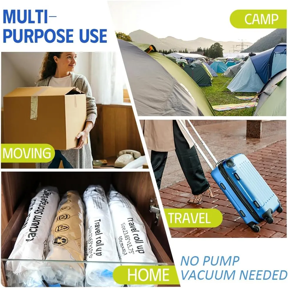 12 Pack Travel Compression Bags - Reusable Travel Space Saver Vacuum Storage Bags for Luggage, Camping, and Storage (No Vacuum or Pump Needed)