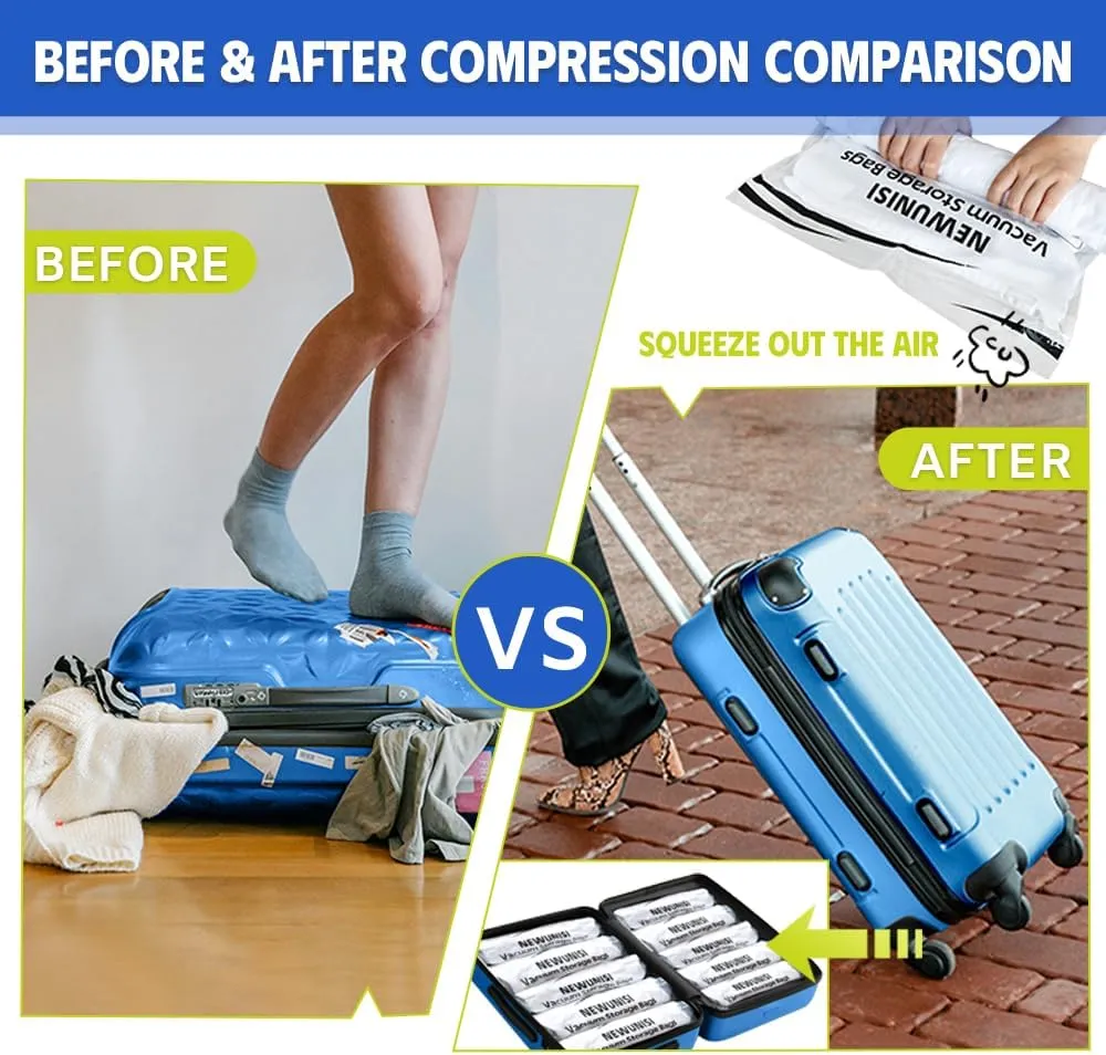 12 Pack Travel Compression Bags - Reusable Travel Space Saver Vacuum Storage Bags for Luggage, Camping, and Storage (No Vacuum or Pump Needed)
