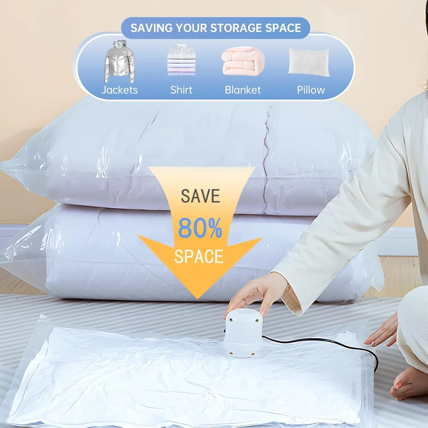 12 Pack Vacuum Seal Bags for Clothing, Vacuum Storage Bag with Electric Pump, Vacuum Bags for Travel, Luggage Compression Packing, Space Saver Bags (3 Small, 3 Medium, 3 Large, 3 Jumbo)