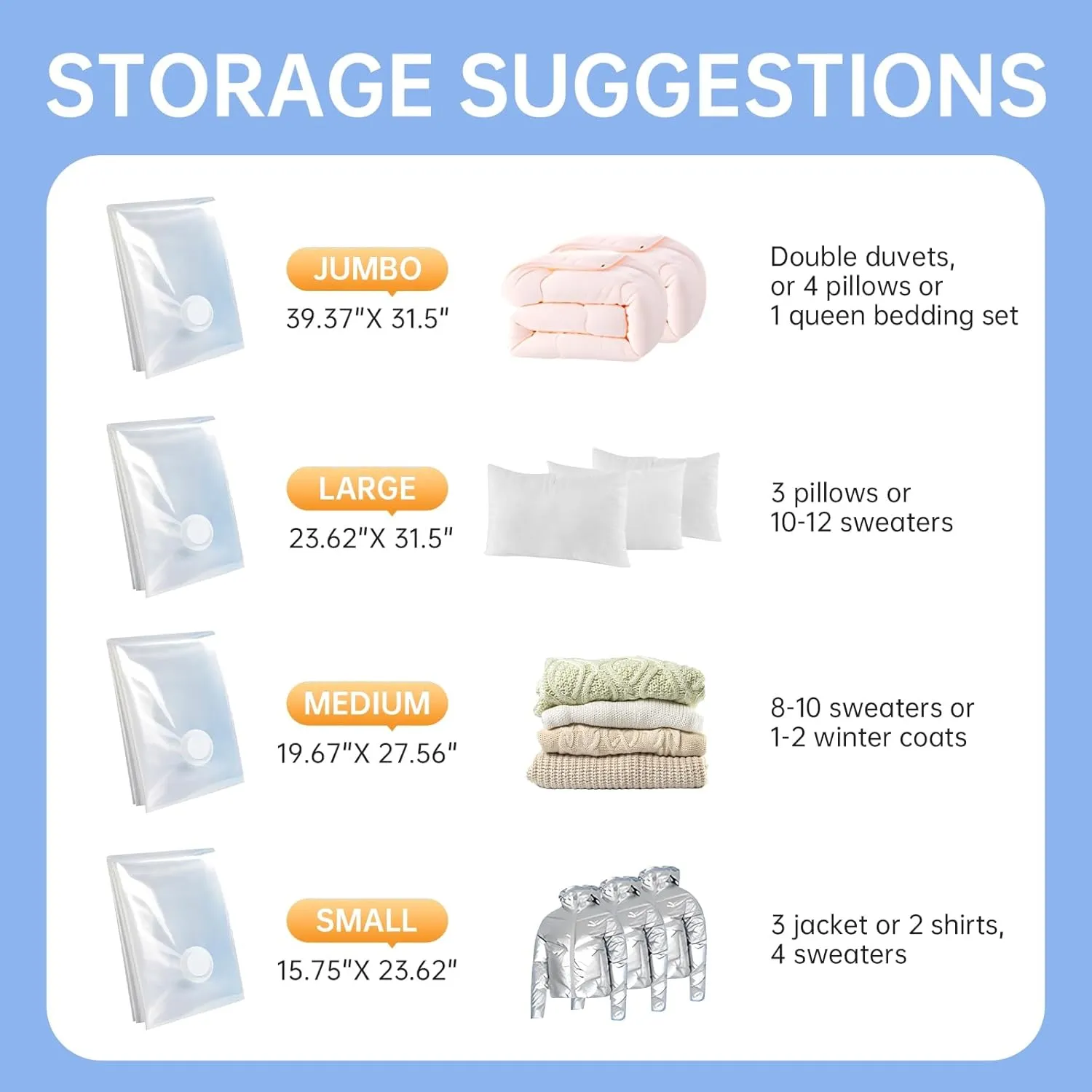12 Pack Vacuum Seal Bags for Clothing, Vacuum Storage Bag with Electric Pump, Vacuum Bags for Travel, Luggage Compression Packing, Space Saver Bags (3 Small, 3 Medium, 3 Large, 3 Jumbo)