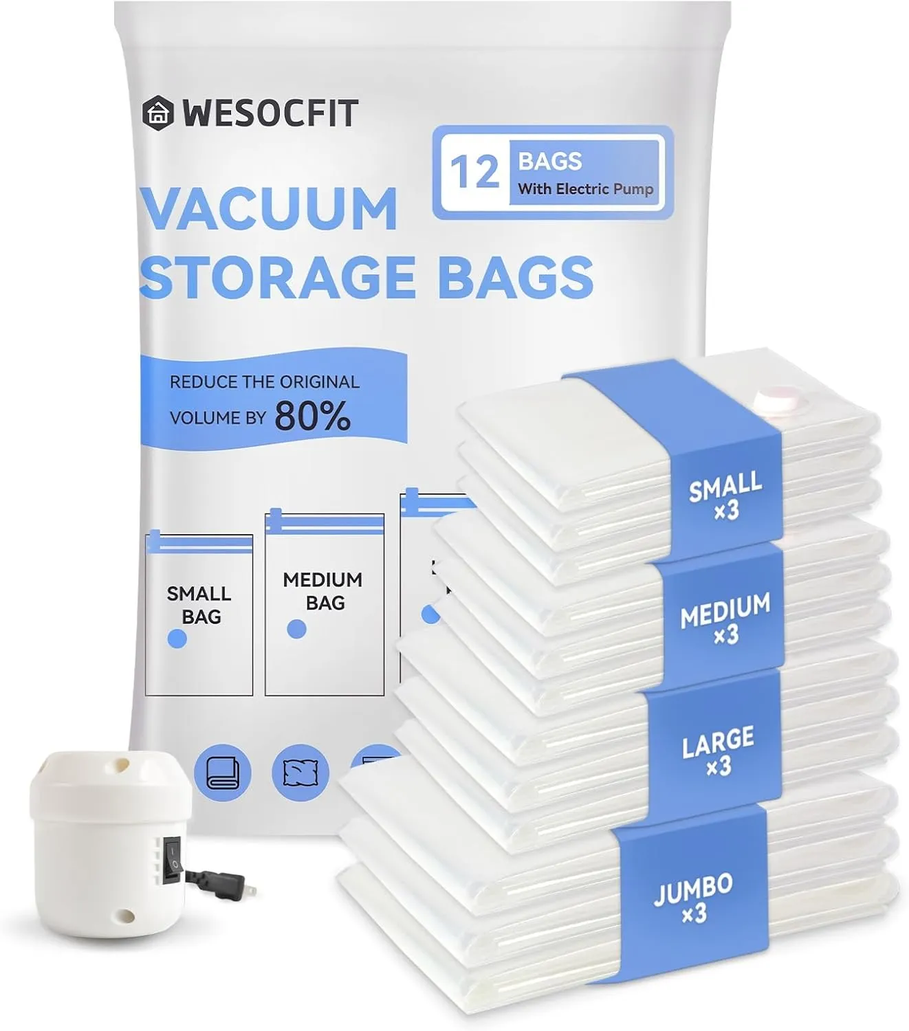 12 Pack Vacuum Seal Bags for Clothing, Vacuum Storage Bag with Electric Pump, Vacuum Bags for Travel, Luggage Compression Packing, Space Saver Bags (3 Small, 3 Medium, 3 Large, 3 Jumbo)