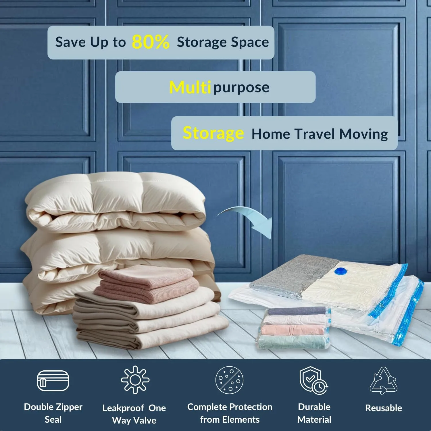 12 Pack Vacuum Storage Bags with Hand Pump, Compression Space Saver for Comforter, Bedding, Blanket Storage, Vacuum Seal Bags for Clothing, Luggage Suitcase and Closet Organizer