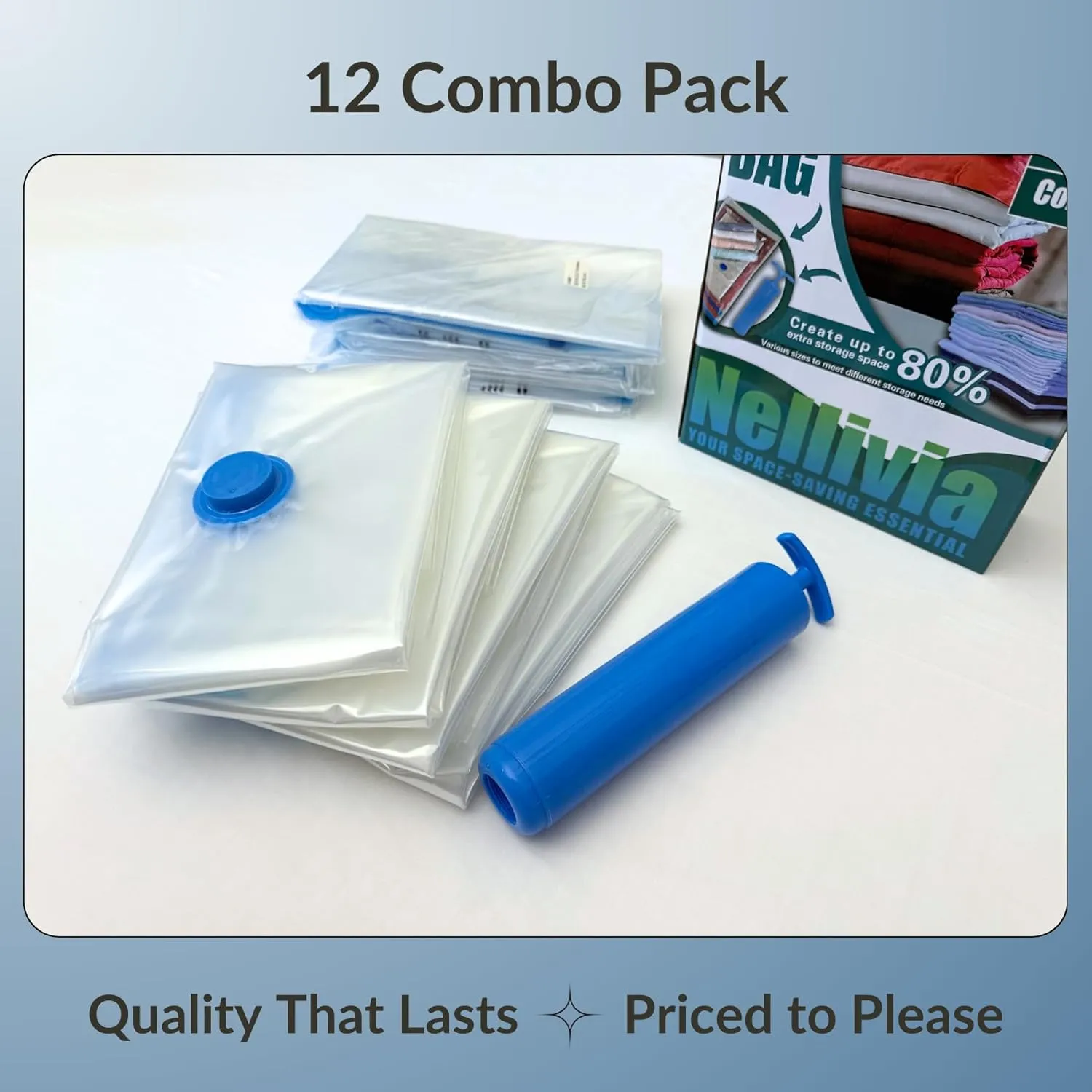 12 Pack Vacuum Storage Bags with Hand Pump, Compression Space Saver for Comforter, Bedding, Blanket Storage, Vacuum Seal Bags for Clothing, Luggage Suitcase and Closet Organizer