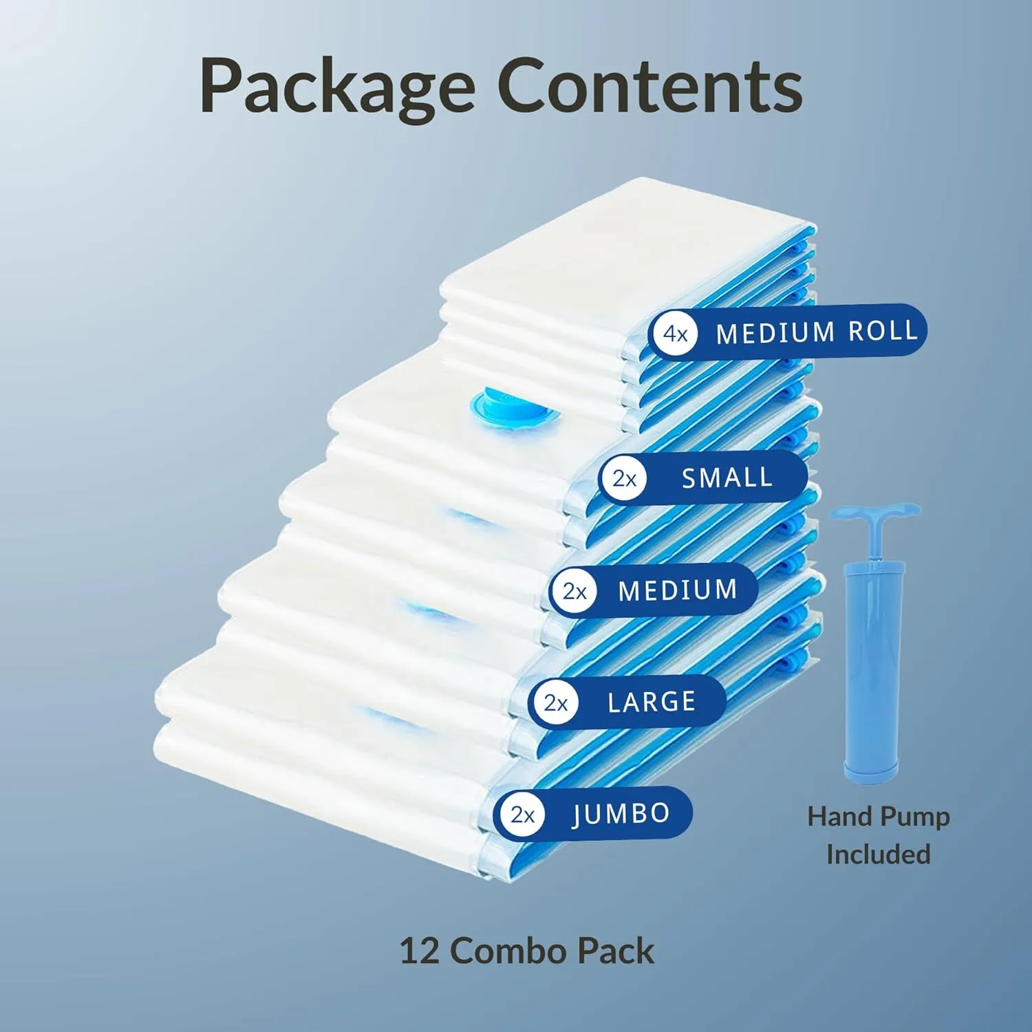 12 Pack Vacuum Storage Bags with Hand Pump, Compression Space Saver for Comforter, Bedding, Blanket Storage, Vacuum Seal Bags for Clothing, Luggage Suitcase and Closet Organizer