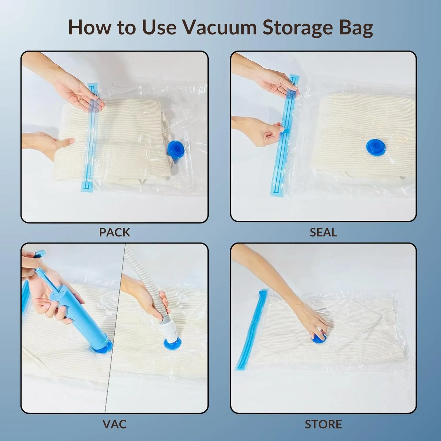 12 Pack Vacuum Storage Bags with Hand Pump, Compression Space Saver for Comforter, Bedding, Blanket Storage, Vacuum Seal Bags for Clothing, Luggage Suitcase and Closet Organizer