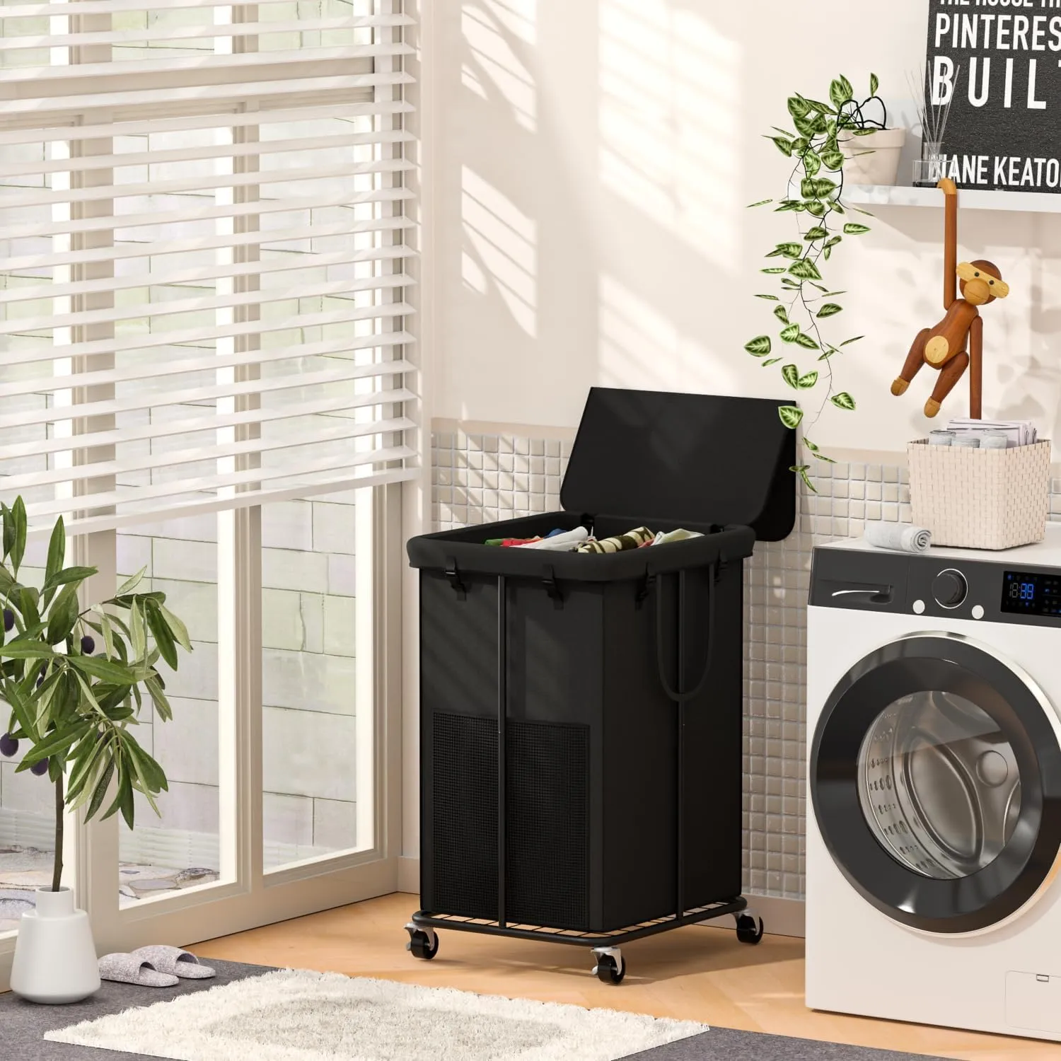 150L Large Laundry Hampers with Lid, Oxford Fabric Laundry Hampers, Metal Frame and Removable Bag Design with Wheels, Suitable for Bedroom, Bathroom, Dorm Room, Laundry Room (Black Lid Rope)