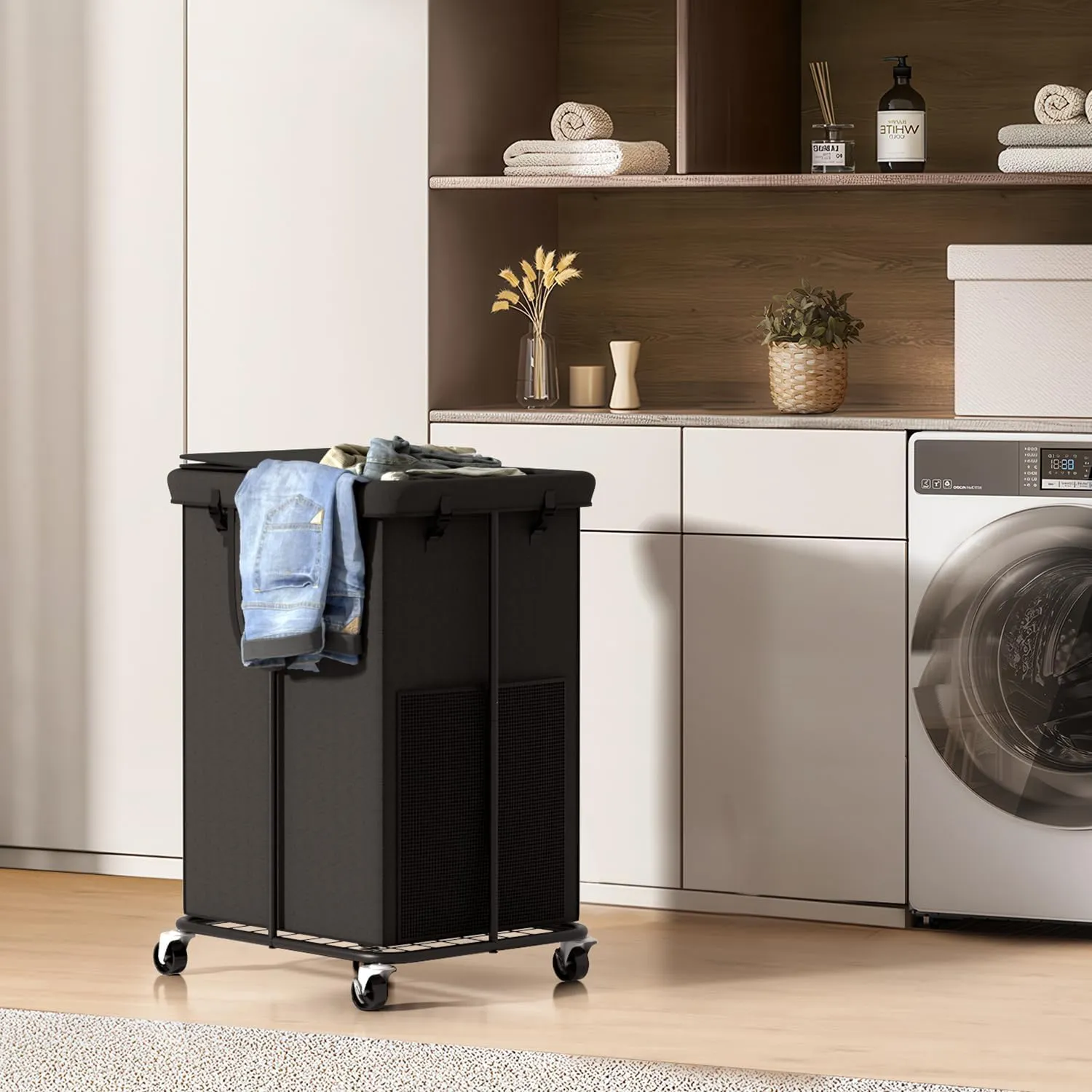 150L Large Laundry Hampers with Lid, Oxford Fabric Laundry Hampers, Metal Frame and Removable Bag Design with Wheels, Suitable for Bedroom, Bathroom, Dorm Room, Laundry Room (Black Lid Rope)