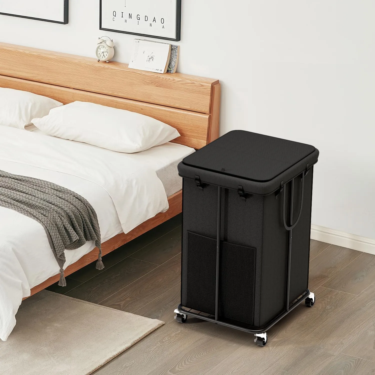 150L Large Laundry Hampers with Lid, Oxford Fabric Laundry Hampers, Metal Frame and Removable Bag Design with Wheels, Suitable for Bedroom, Bathroom, Dorm Room, Laundry Room (Black Lid Rope)