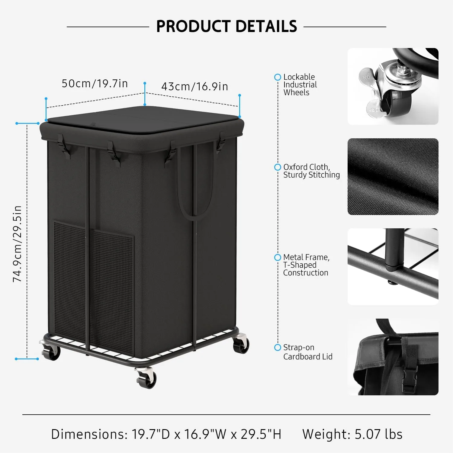 150L Large Laundry Hampers with Lid, Oxford Fabric Laundry Hampers, Metal Frame and Removable Bag Design with Wheels, Suitable for Bedroom, Bathroom, Dorm Room, Laundry Room (Black Lid Rope)