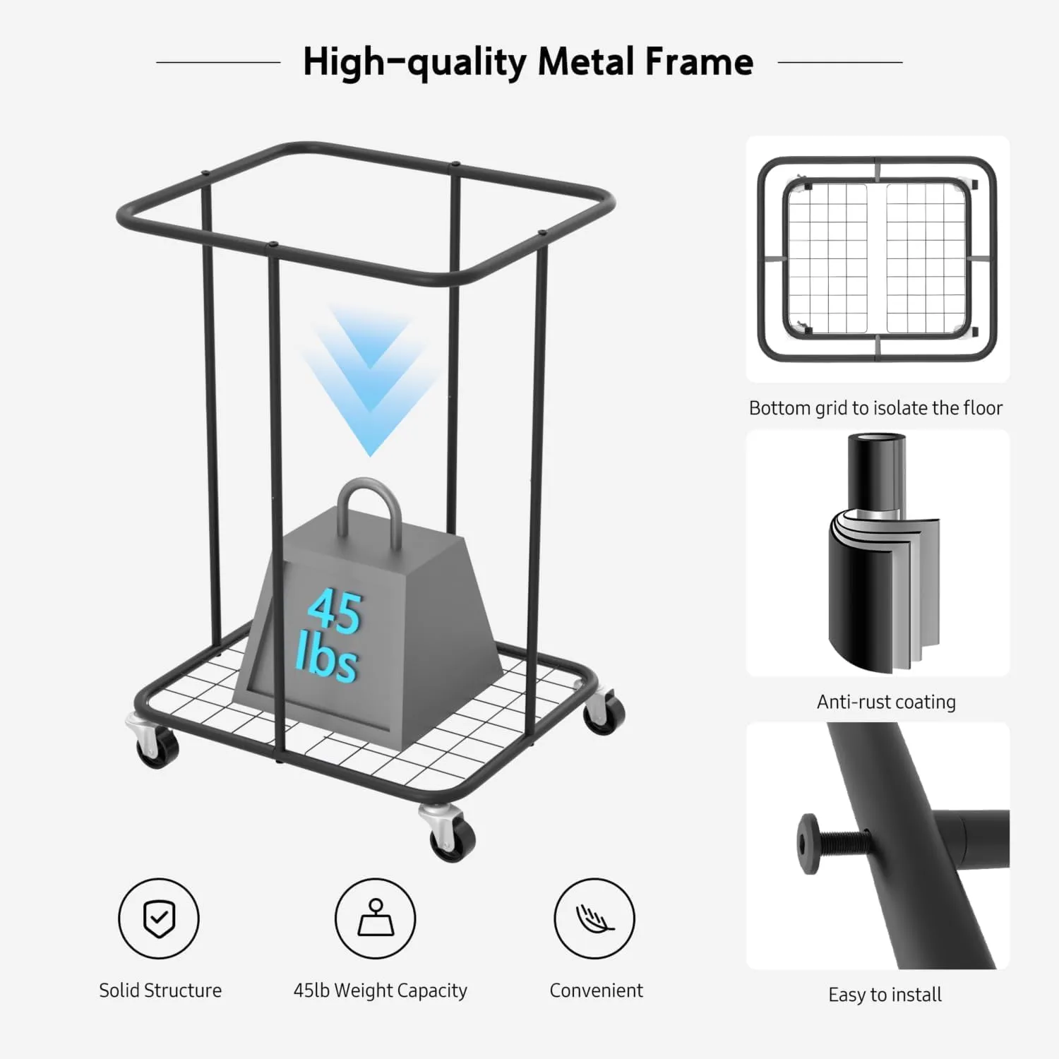 150L Large Laundry Hampers with Lid, Oxford Fabric Laundry Hampers, Metal Frame and Removable Bag Design with Wheels, Suitable for Bedroom, Bathroom, Dorm Room, Laundry Room (Black Lid Rope)