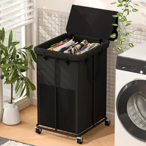 150L Large Laundry Hampers with Lid, Oxford Fabric Laundry Hampers, Metal Frame and Removable Bag Design with Wheels, Suitable for Bedroom, Bathroom, Dorm Room, Laundry Room (Black Lid Rope)