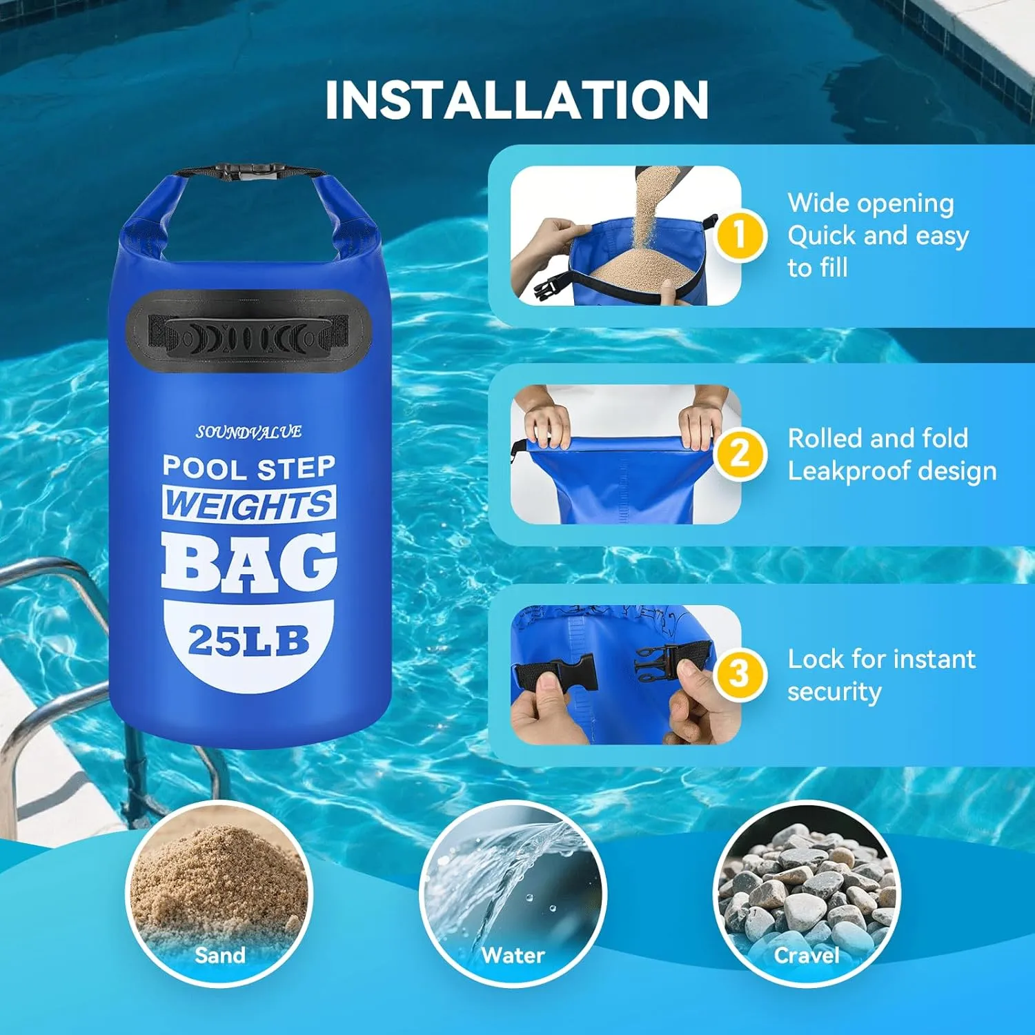 2 Pack 25lb Heavy Duty Pool Ladder Weights, Universal Above Ground Pool Step Sand Bags with Handles, 500D PVC Durable Waterproof & Foldable Sandbags for Swimming Pool Stairs (Navy Blue)