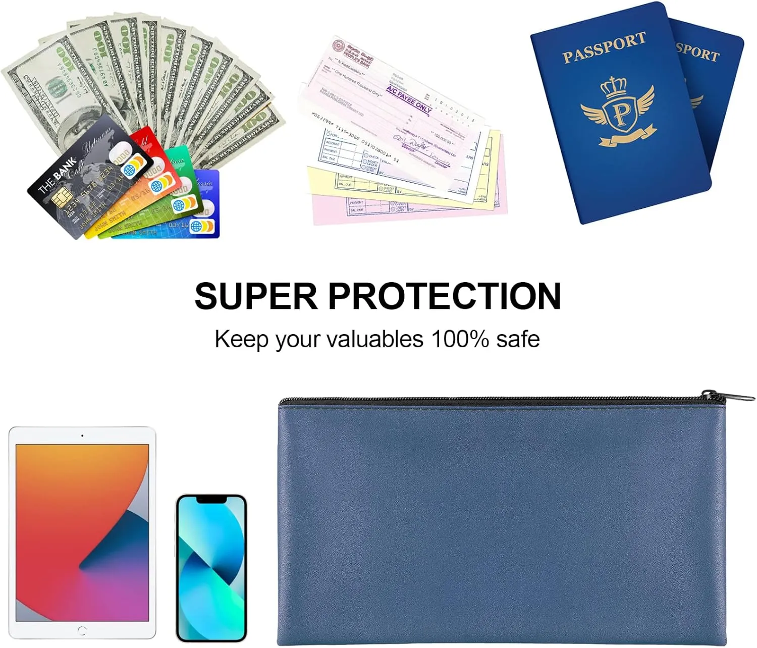 2 Pieces Money Bags with Zipper, 11x6.1 inch Money Pouch, Bank Bag, Cash Bag, Check Wallet, Cosmetics(navy)