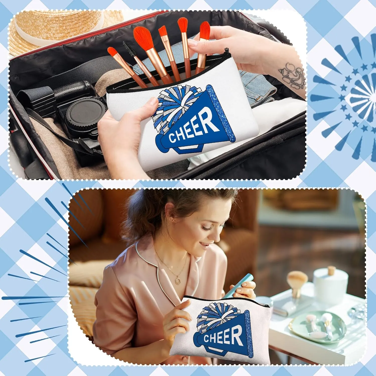 20 Pcs Cheer Makeup Bag Cheer Teams Gifts Canvas Makeup Case Cheerleader Teams Gifts Zipper Pouch for cheerleading Teammates Party Supplies(Blue)