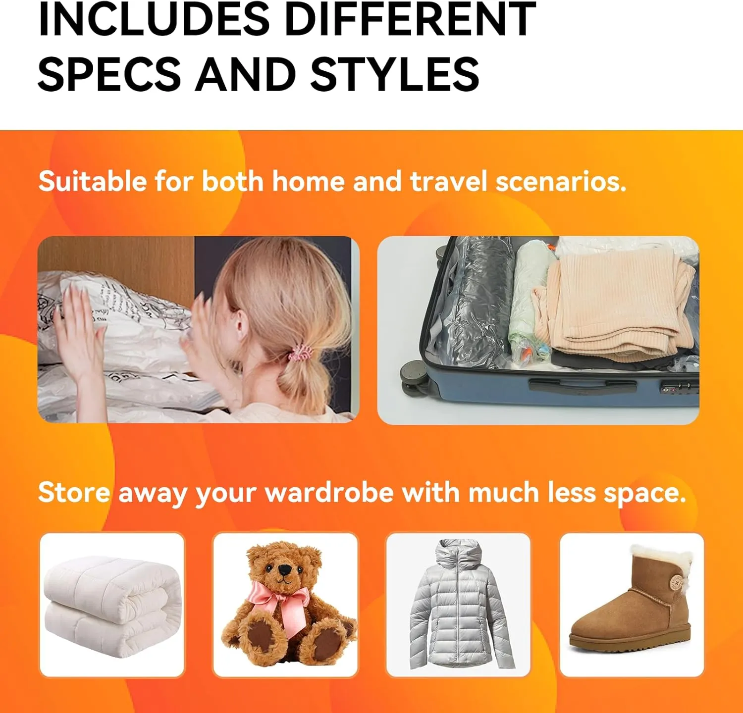 [2024 NEW] 15 Pack Vacuum Storage Bags (3 Jumbo/3 Large/3 Medium/3 Small/3 Roll) | Space Saver | Rapid Vacuum | Double Zip Seal | Clip Stopper | Ideal for Clothes, Blankets Compression and Travelling
