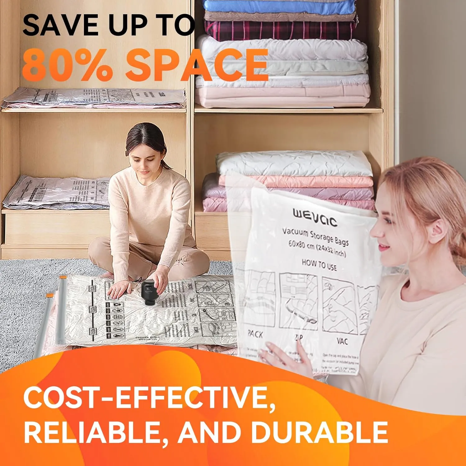 [2024 NEW] 15 Pack Vacuum Storage Bags (3 Jumbo/3 Large/3 Medium/3 Small/3 Roll) | Space Saver | Rapid Vacuum | Double Zip Seal | Clip Stopper | Ideal for Clothes, Blankets Compression and Travelling