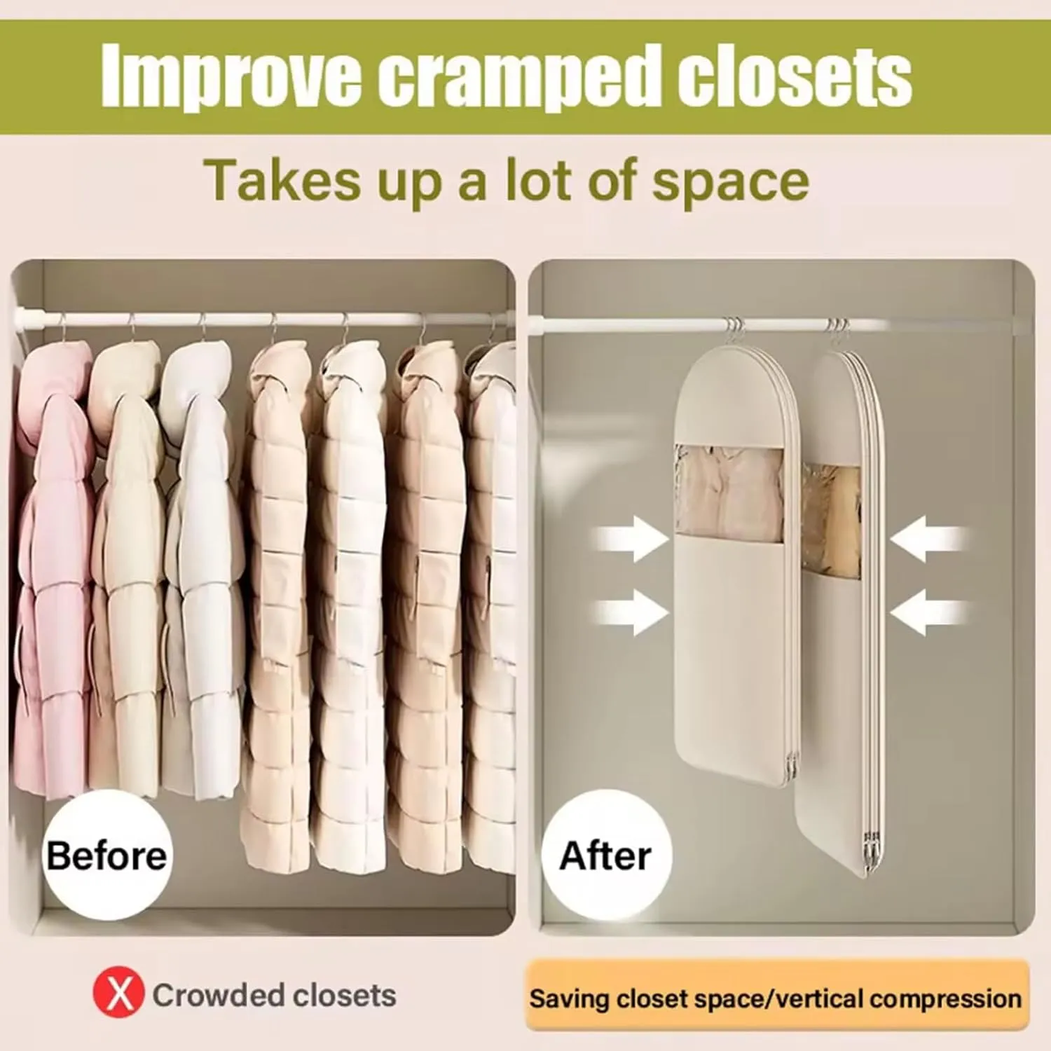 2025 Space Saving Garment Bag With Compression Zipper Garment Bags for Hanging Clothes Travel (Beige, L (43.31 in))