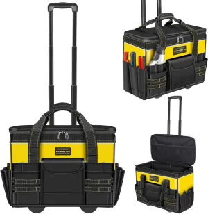 21" Rolling Tool Bag with Wheels,Waterproof Rolling Tool Tote with Telescoping Handle,18 Pockets Multi-use Tool Bags Organizer for Construction, Electrician,Yellow/Black