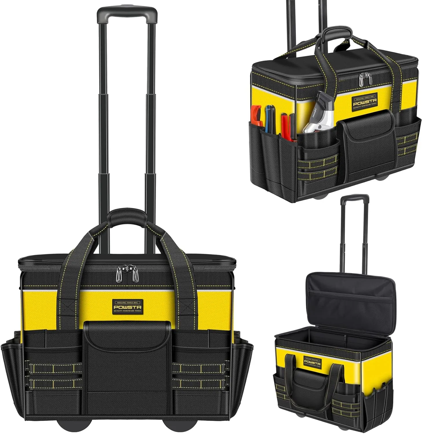 21" Rolling Tool Bag with Wheels,Waterproof Rolling Tool Tote with Telescoping Handle,18 Pockets Multi-use Tool Bags Organizer for Construction, Electrician,Yellow/Black