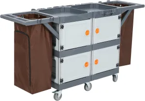 220 Lb. Heavy Duty Wheeled Cleaning Cart - 3-Tier Housekeeping Cart with 4 Lockable Cabinets, Door & Vinyl Bags - for Hotel/Hospitality Housekeeping Services