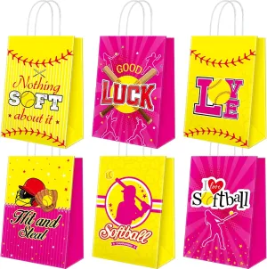 24 Pcs Softball Party Bags Gift Treat Bag Softball Goodie Bags Favors Paper Candy Bags with Handle for Sports Theme Birthday Baby Shower Party Decorations Supplies, 6 Designs