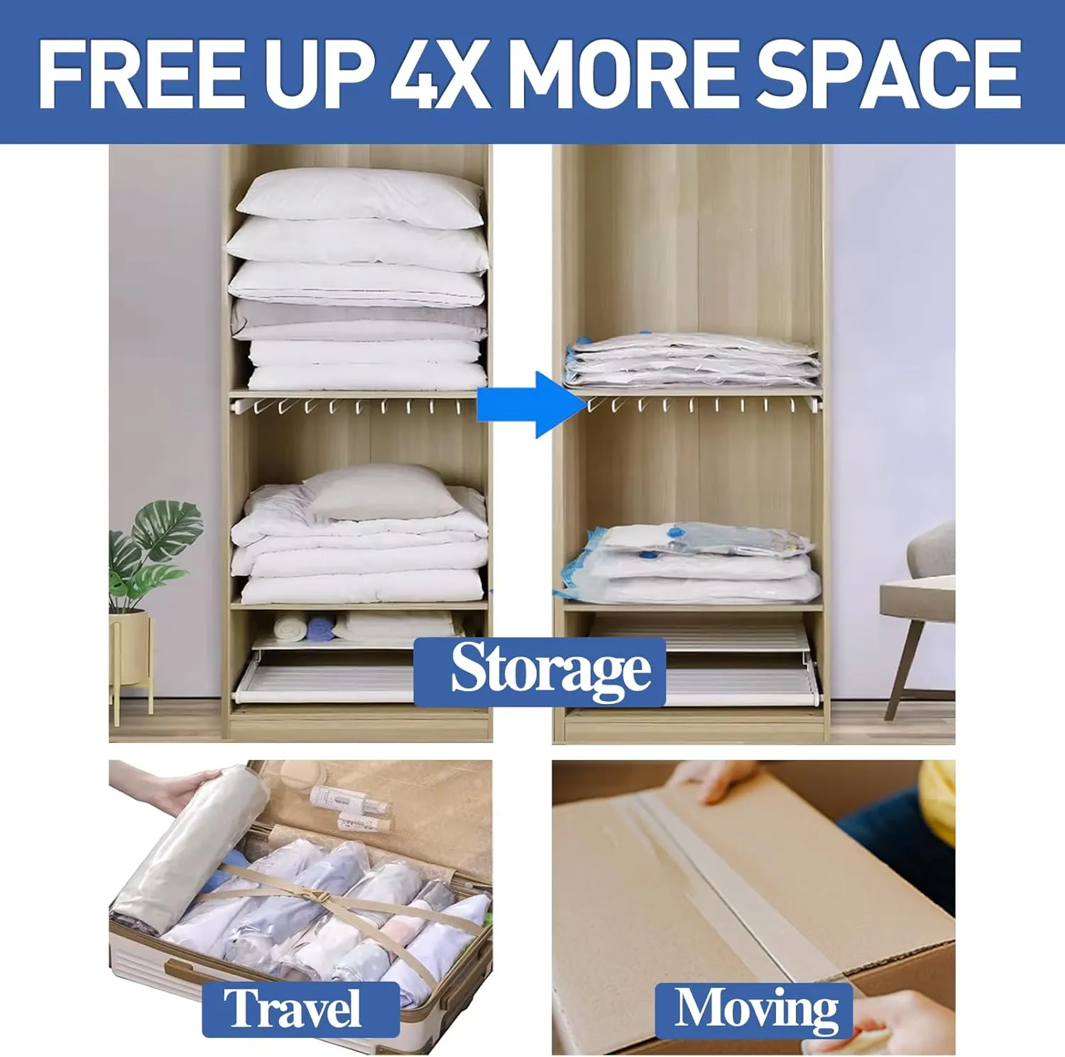 25 Pack Vacuum Storage Bags with Electric Pump, Space Saver Bags (5 Jumbo/5 Large/5 Medium/5 Small/5 Roll) Compression for Comforters and Blankets, Sealer Clothes Storage Travel Essentials