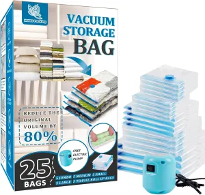 25 Pack Vacuum Storage Bags with Electric Pump, Space Saver Bags (5 Jumbo/5 Large/5 Medium/5 Small/5 Roll) Compression for Comforters and Blankets, Sealer Clothes Storage Travel Essentials