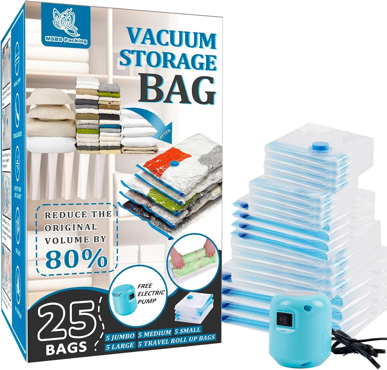 25 Pack Vacuum Storage Bags with Electric Pump, Space Saver Bags (5 Jumbo/5 Large/5 Medium/5 Small/5 Roll) Compression for Comforters and Blankets, Sealer Clothes Storage Travel Essentials