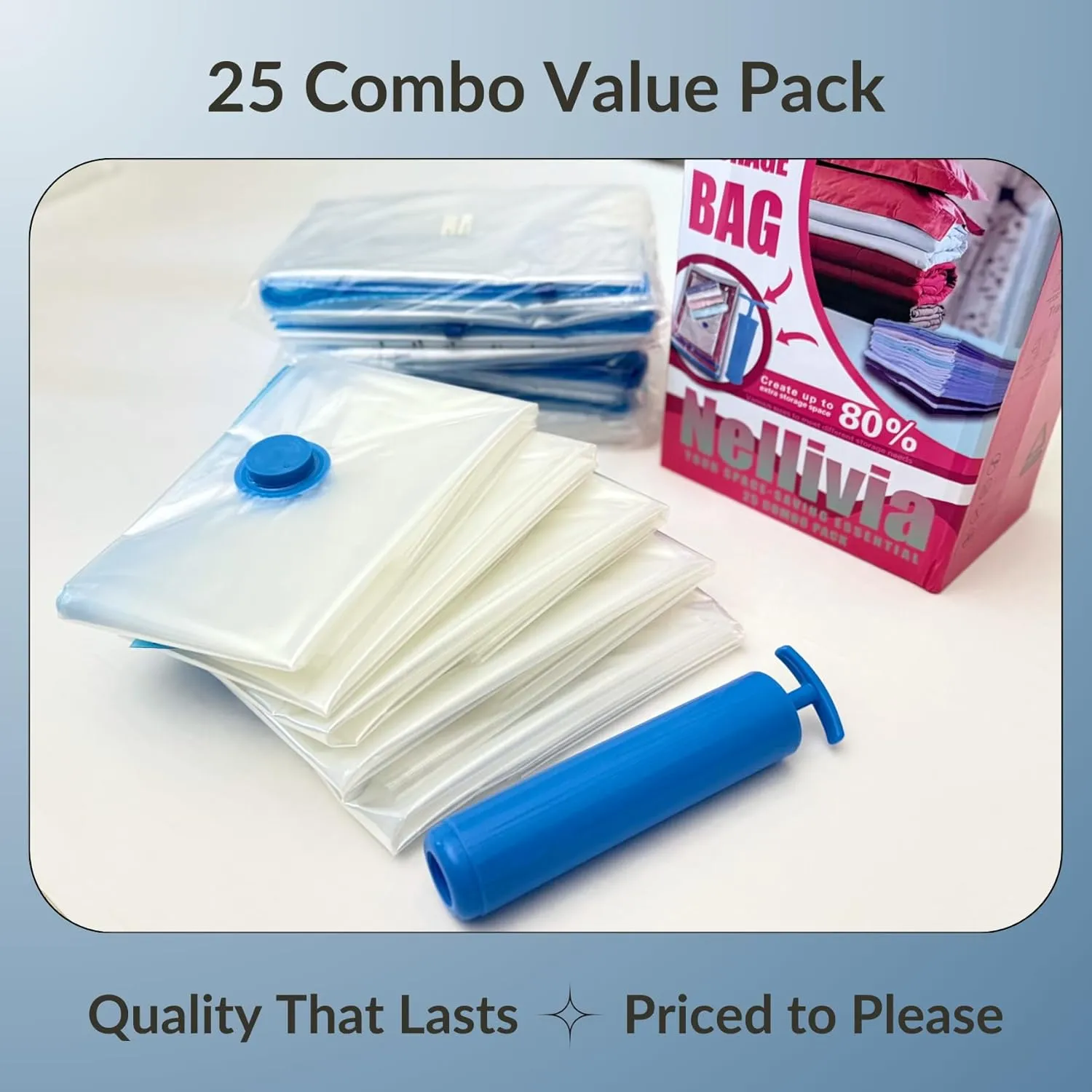 25 Pack Vacuum Storage Bags with Pump, Compression Space Saver for Comforter, Bedding, Blanket Storage, Vacuum Seal Bags for Clothing, Luggage and Closet Organizer