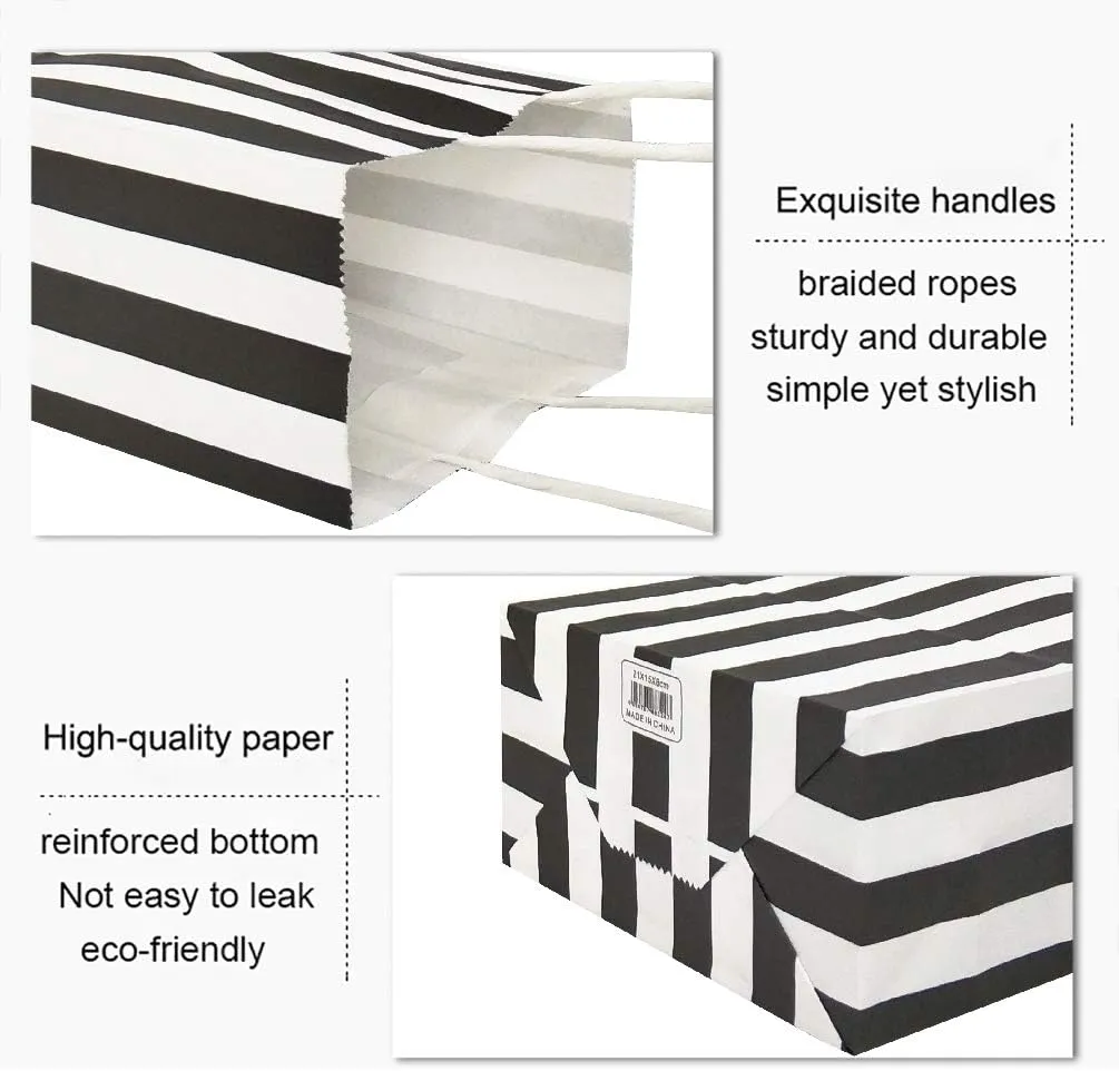 25 PCS Black and White Striped Gift Bags Small Kraft Paper Bags with Handles for Party Favor (8.2 x 6 x 3.1 In)