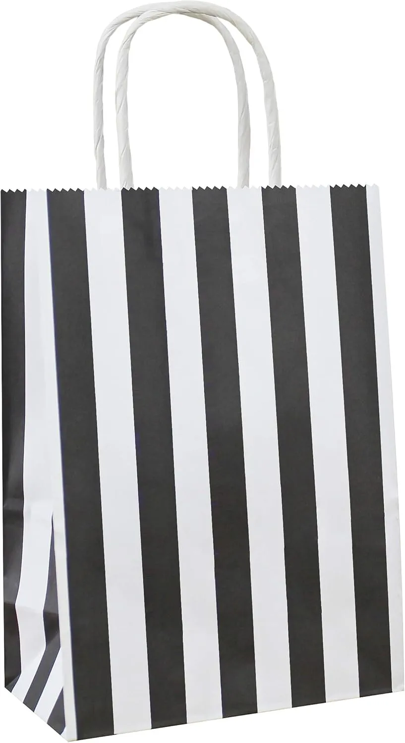 25 PCS Black and White Striped Gift Bags Small Kraft Paper Bags with Handles for Party Favor (8.2 x 6 x 3.1 In)