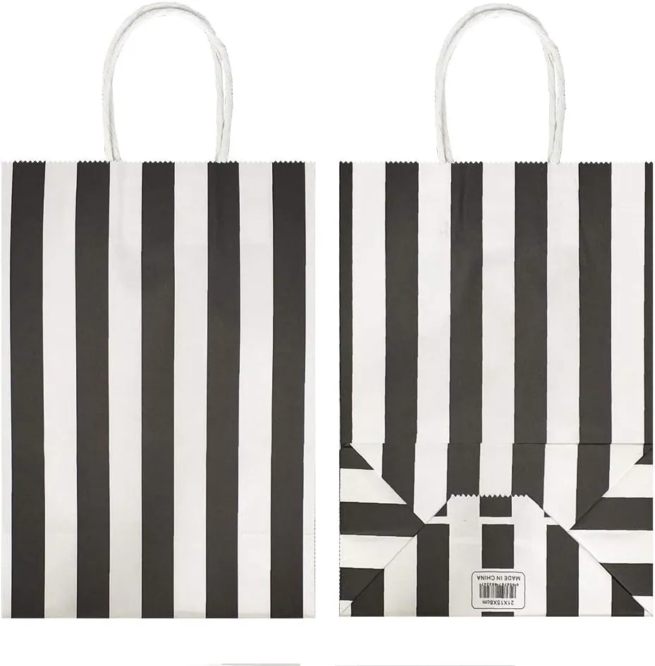 25 PCS Black and White Striped Gift Bags Small Kraft Paper Bags with Handles for Party Favor (8.2 x 6 x 3.1 In)