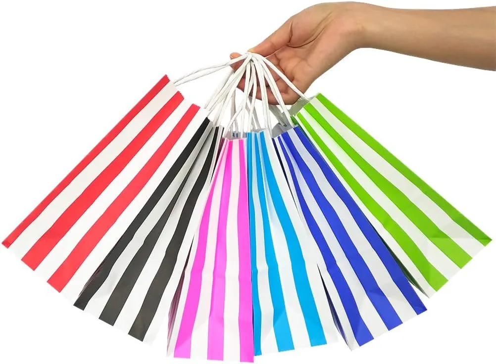 25 PCS Black and White Striped Gift Bags Small Kraft Paper Bags with Handles for Party Favor (8.2 x 6 x 3.1 In)