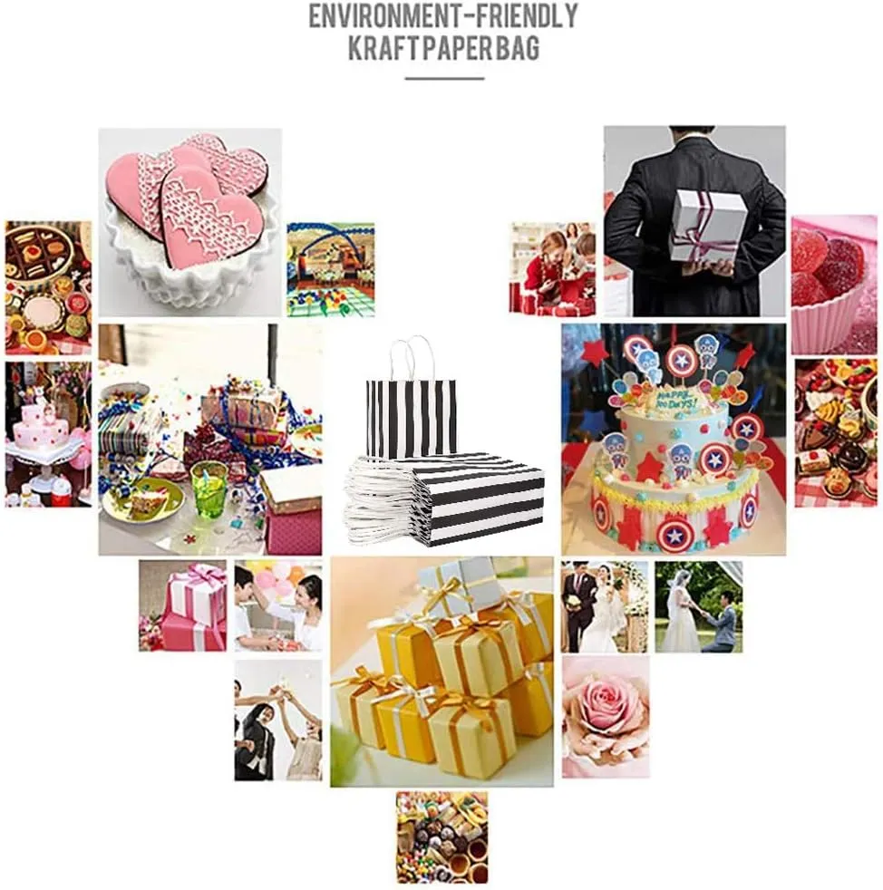 25 PCS Black and White Striped Gift Bags Small Kraft Paper Bags with Handles for Party Favor (8.2 x 6 x 3.1 In)